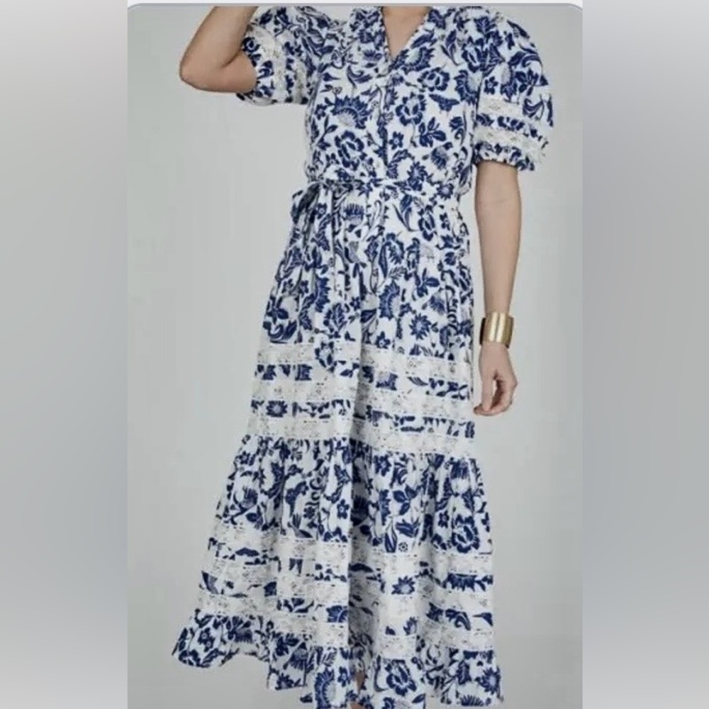 Pinch Midi Dress Lacey Cotton Tiered Floral Removable Belt Blue & White Size M